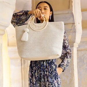 American & Beyond Birch Lurex Durrie Cane Hand Handle Hand Woven Large Tote